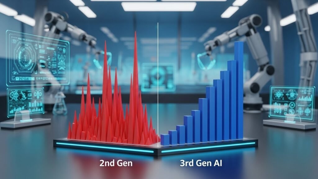 2세대 시스템의 불안정한 확률 분포와 3세대 AI의 정교한 난수 분포 비교 차트